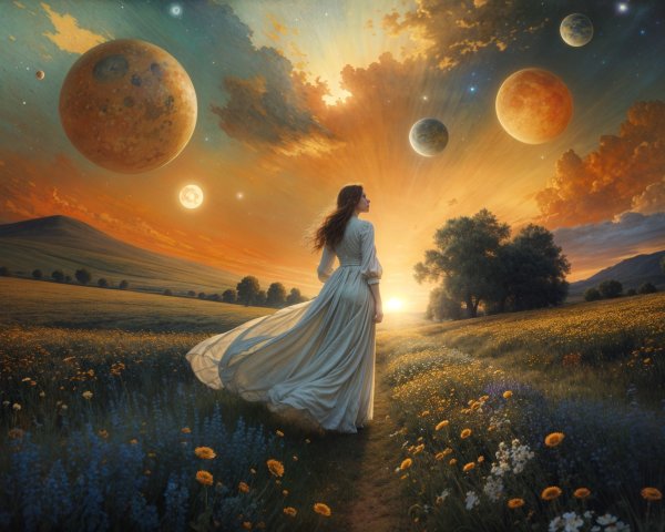 Serene Landscape with Woman and Cosmic Sunset