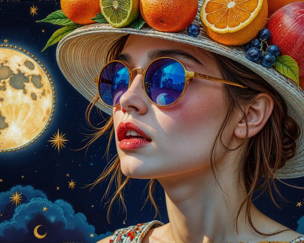 Young woman in straw hat with fruit and starry sky
