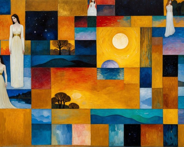 Vibrant Mosaic of Ethereal Figures and Landscapes