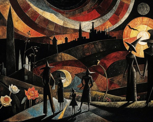 Abstract Landscape with Silhouetted Figures and Moon