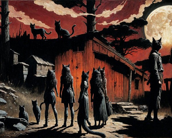 Humanoid Figures with Wolf Heads in Eerie Landscape