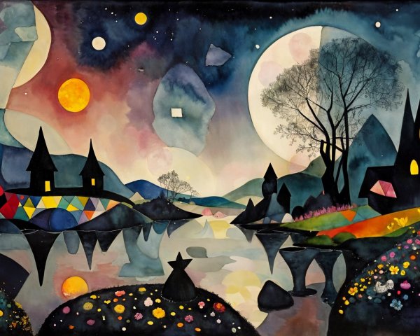 Whimsical Landscape with Colorful Night Sky and Lake