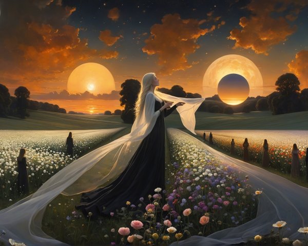 Fantasy Landscape with Woman in Vibrant Wildflower Field