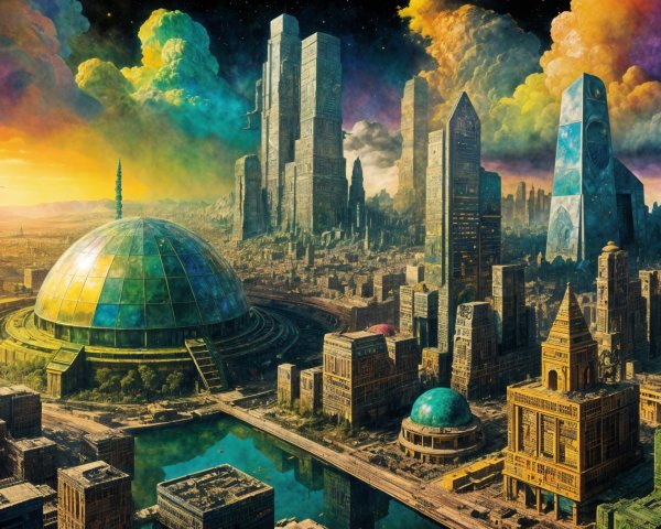 Futuristic Cityscape with Skyscrapers and Nature Elements