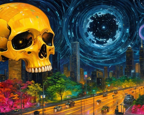 Nighttime Cityscape with Glowing Yellow Skull and Stars