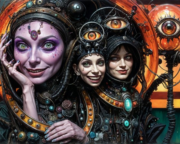 Steampunk Figures in Intricate Attire with Geometric Background