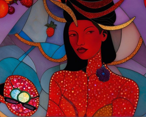 Vibrant Stained Glass Artwork of Woman with Fruits
