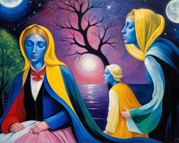 Three Blue-Skinned Women in Surreal Night Scene