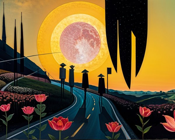 Surreal landscape with vibrant flowers and abstract structures