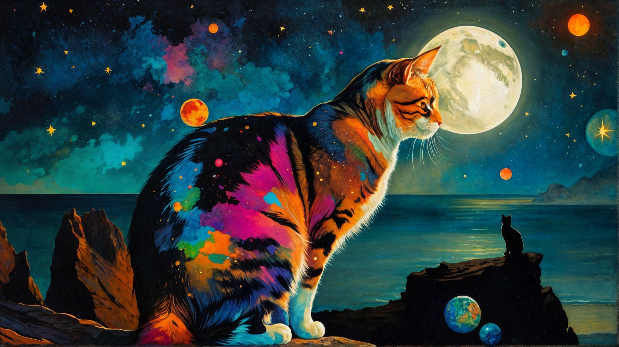 Cosmic Scene with Colorful Cat by Ocean and Moon
