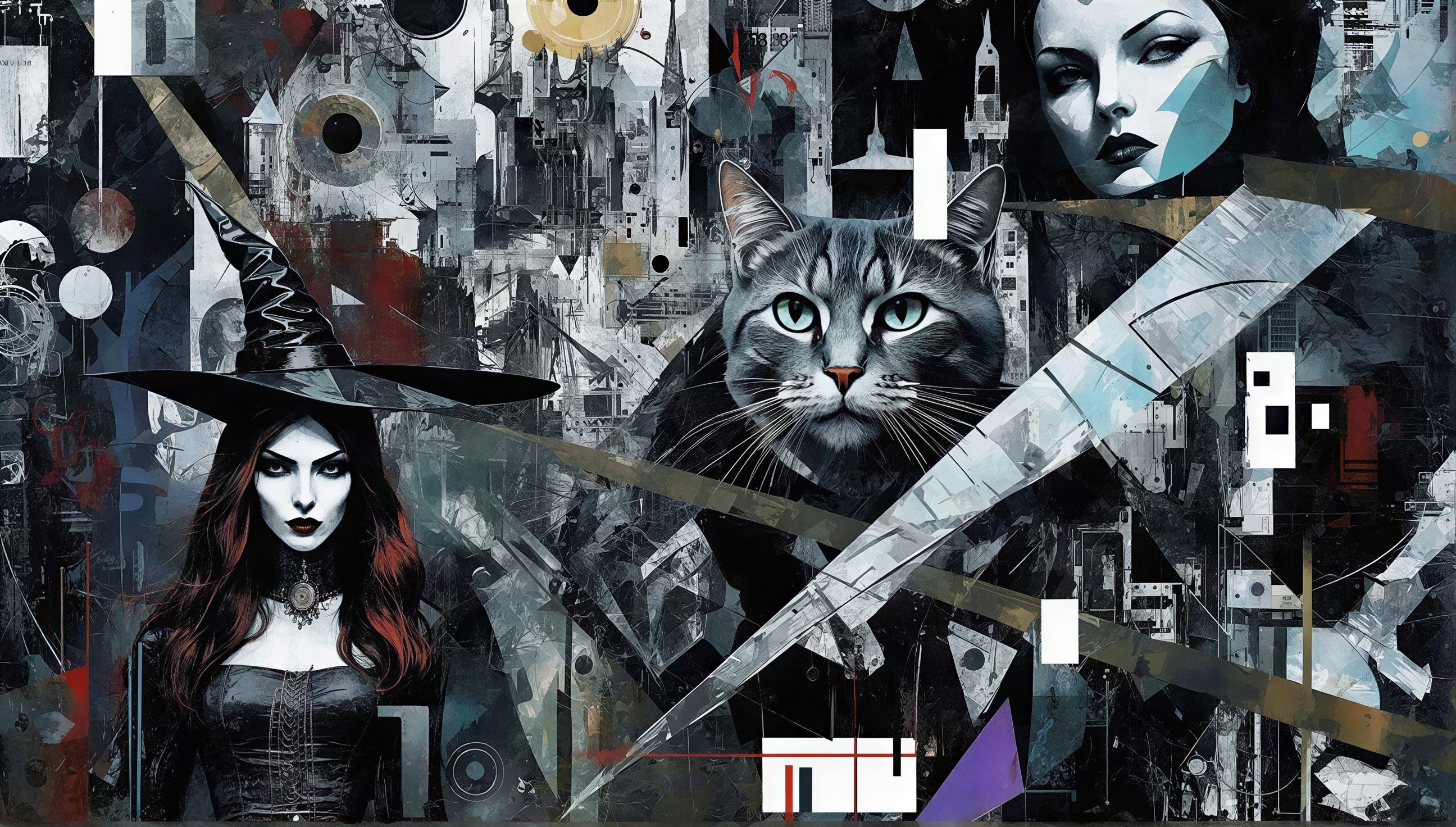 Abstract Portrait of a Witch and Grey Tabby Cat
