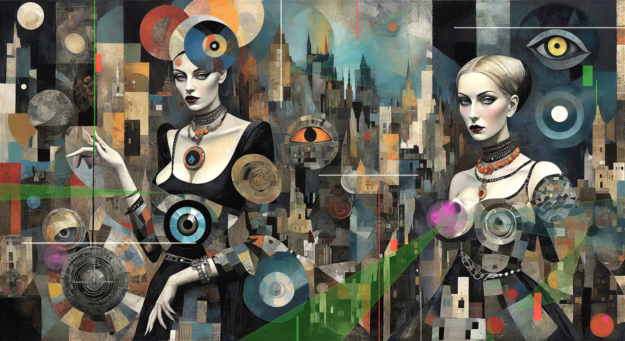 Cubist Digital Painting of Two Women in Cityscape