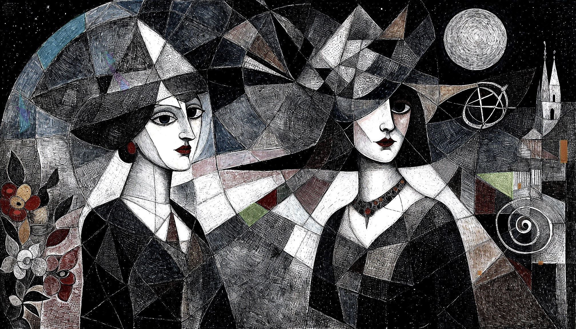 Elegant Women with Stylish Attire and Geometric Background