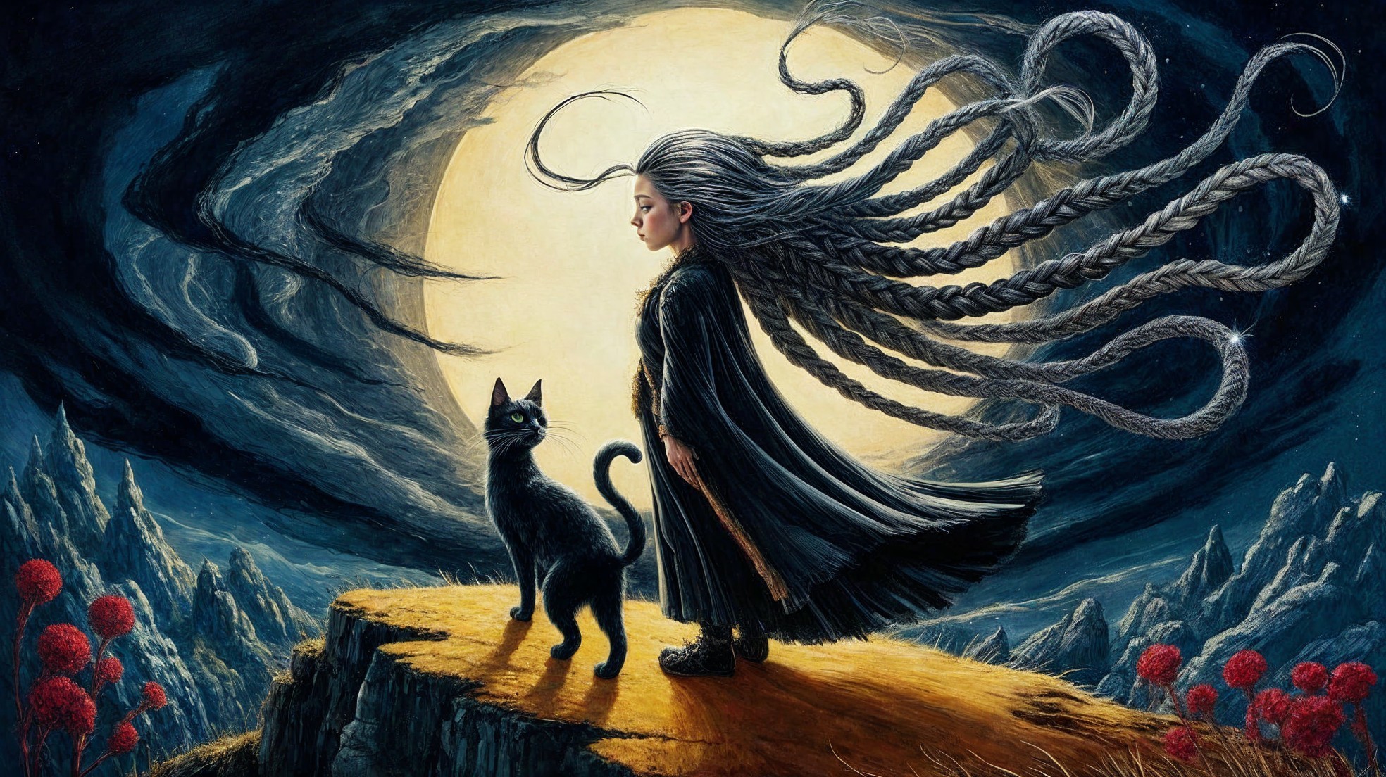Young girl with braided hair and black cat at night