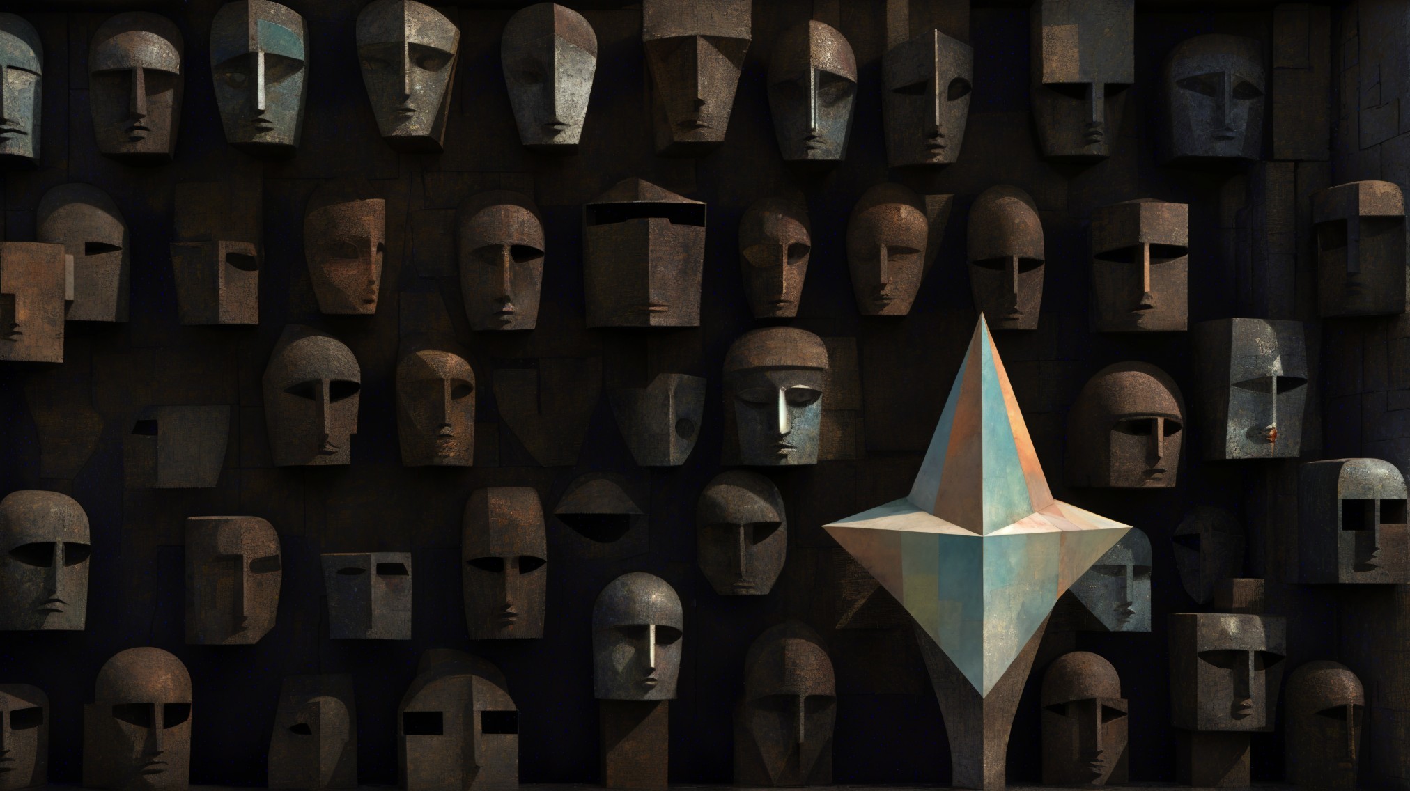 Abstract Sculpted Faces with Geometric Prism Background