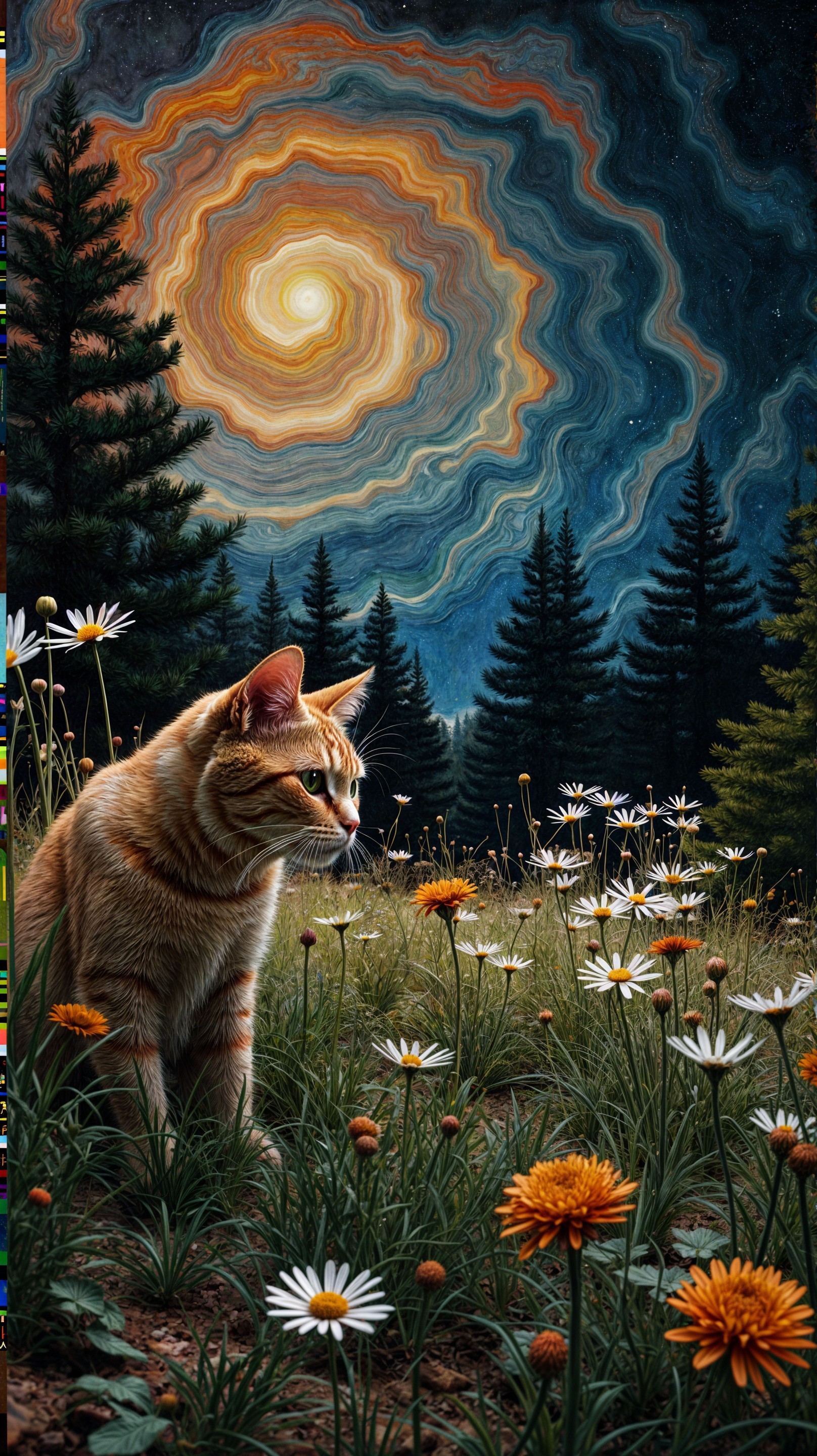 Ginger Cat in a Meadow with Evergreen Trees and Sky