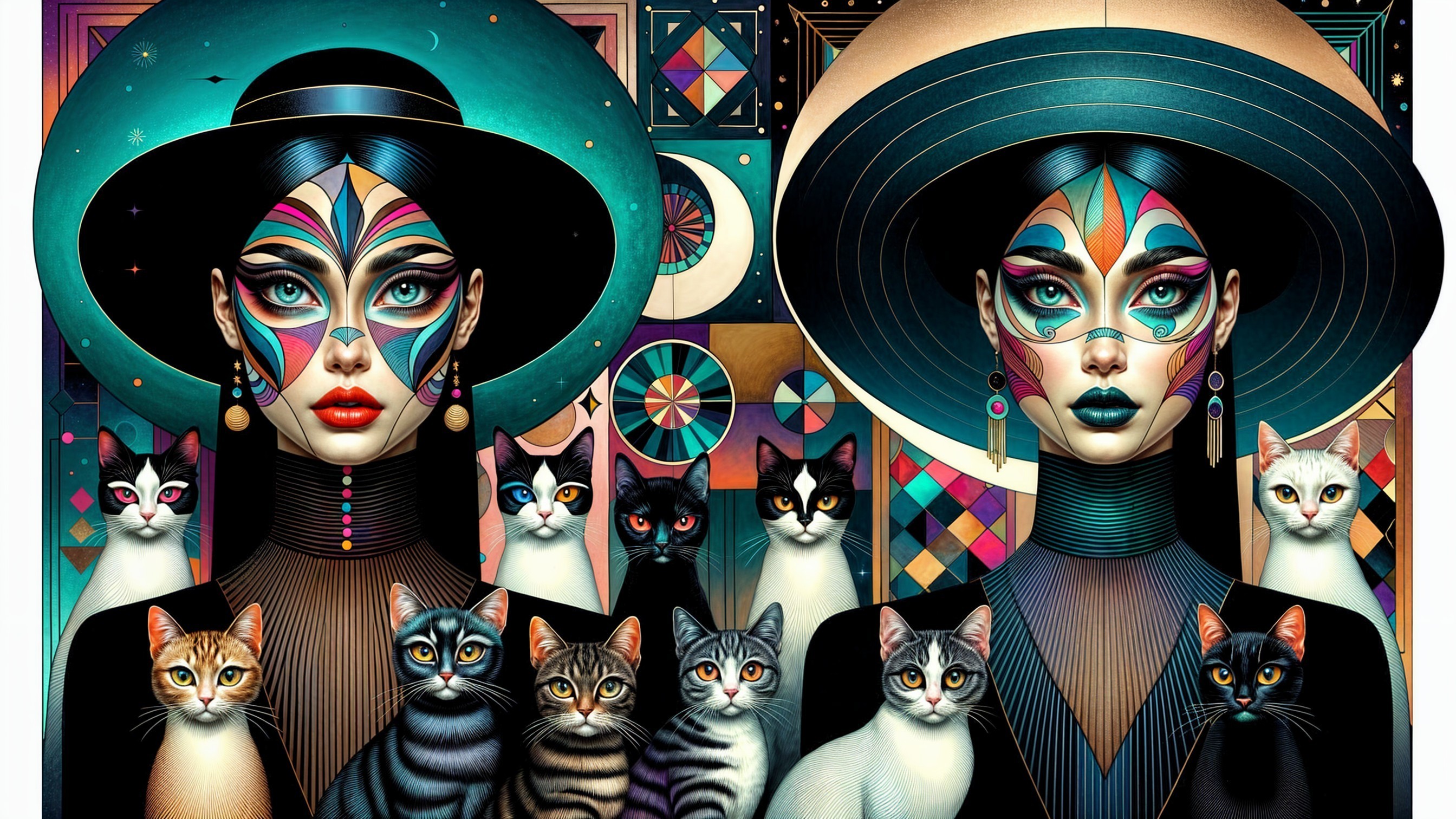 Elegant women with face paint and colorful cats