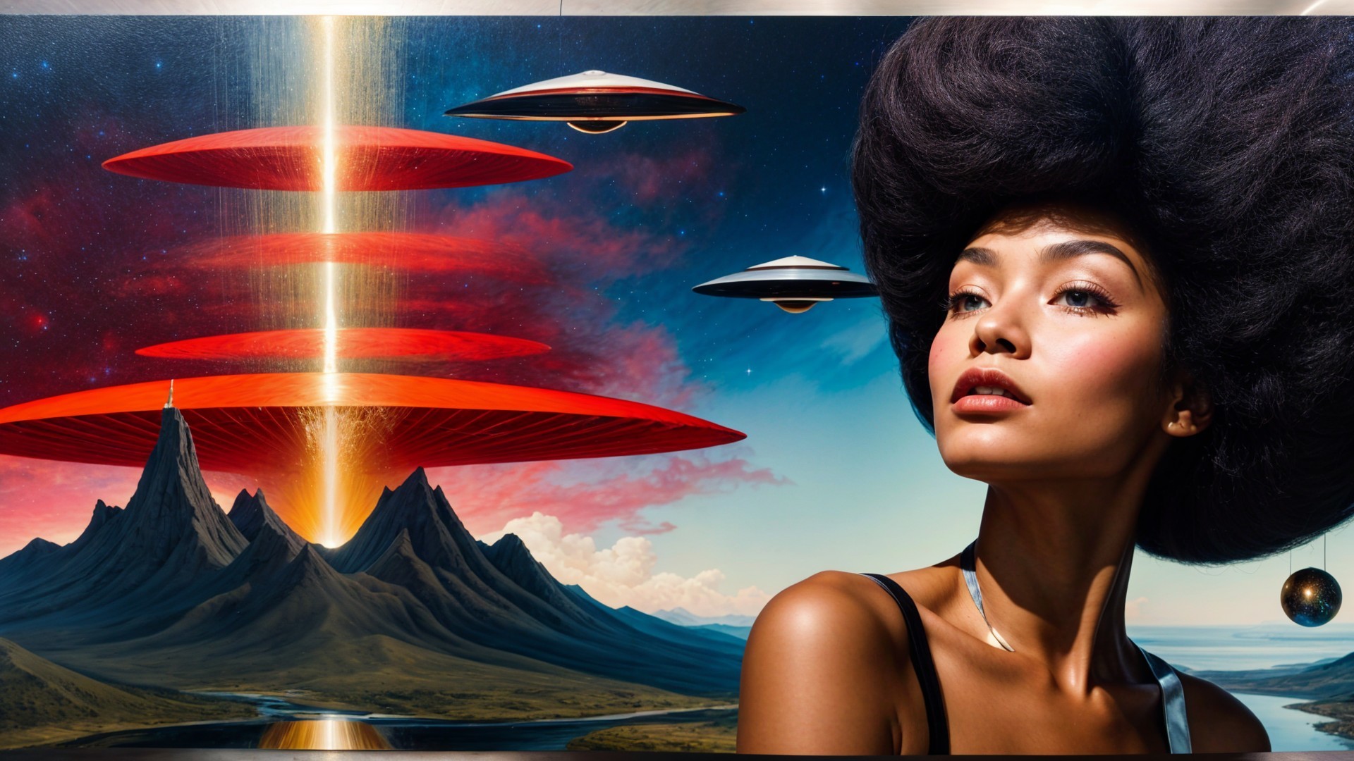 Surreal Scene of Woman and Futuristic Flying Saucers
