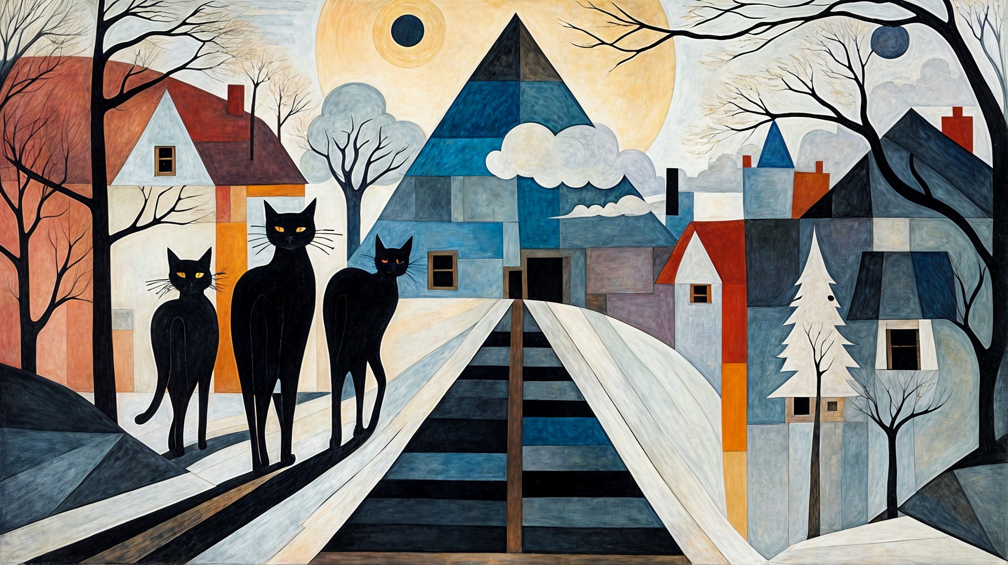 Whimsical Scene of Three Black Cats on Snowy Path