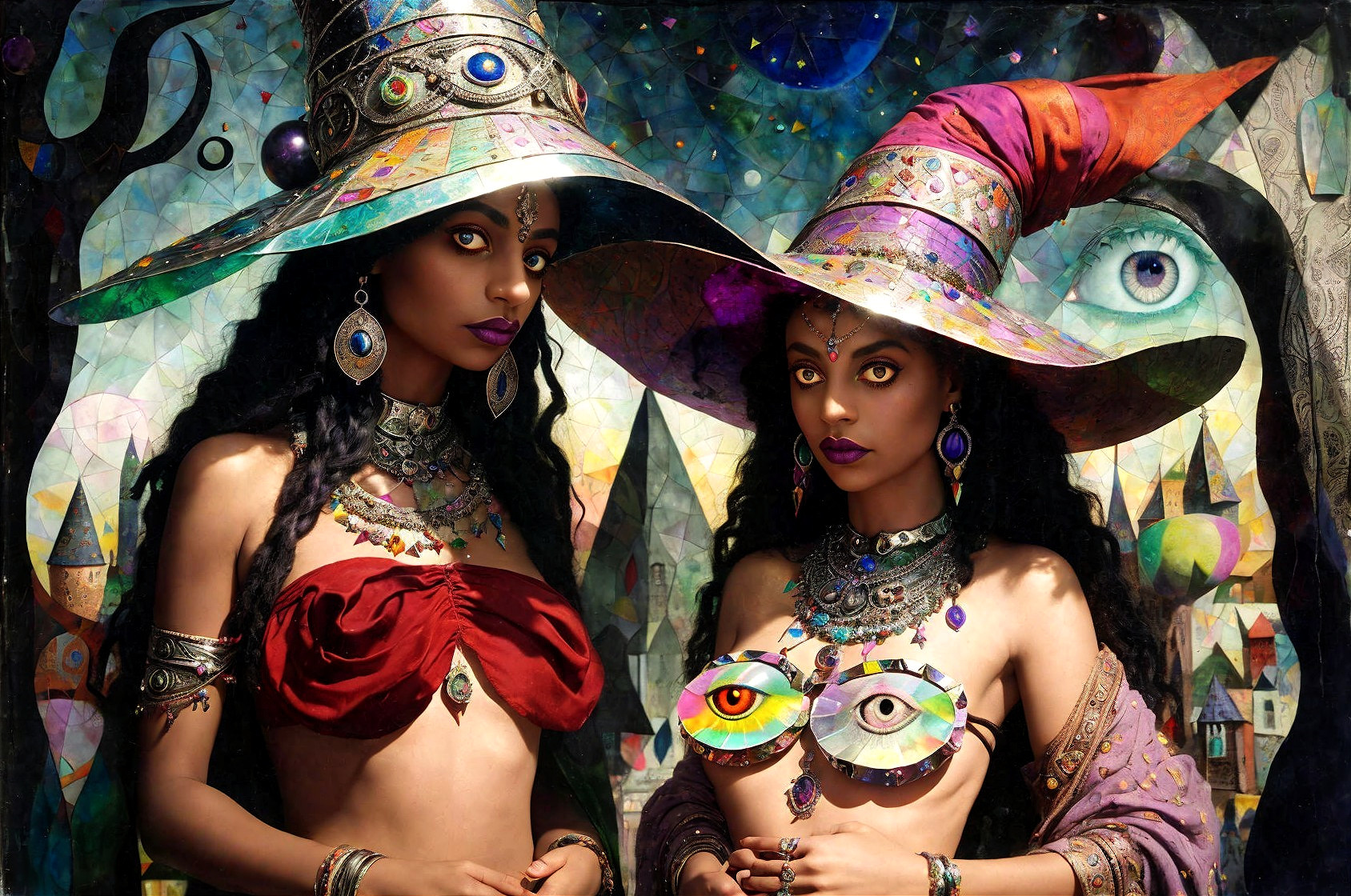 Colorful Witch Hats and Mystical Landscape Description
