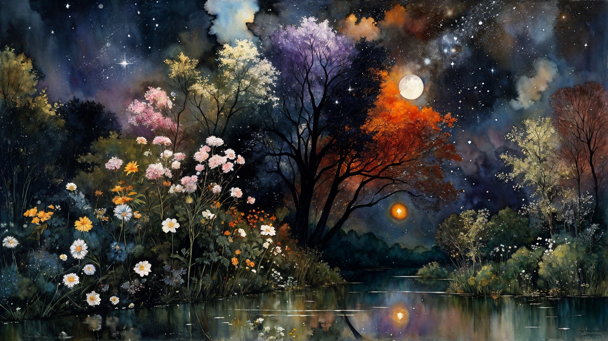 Serene Night Landscape with Reflective Lake and Flowers