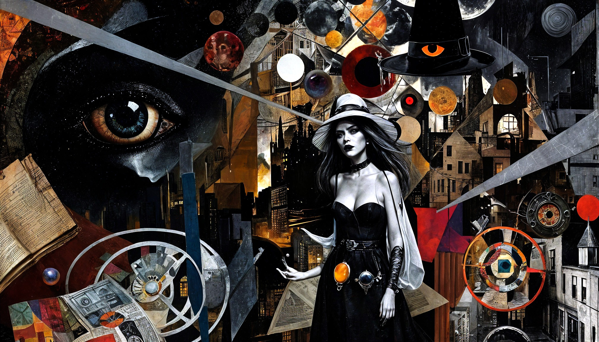 Collage of Mystique and Urban Landscapes with Symbols