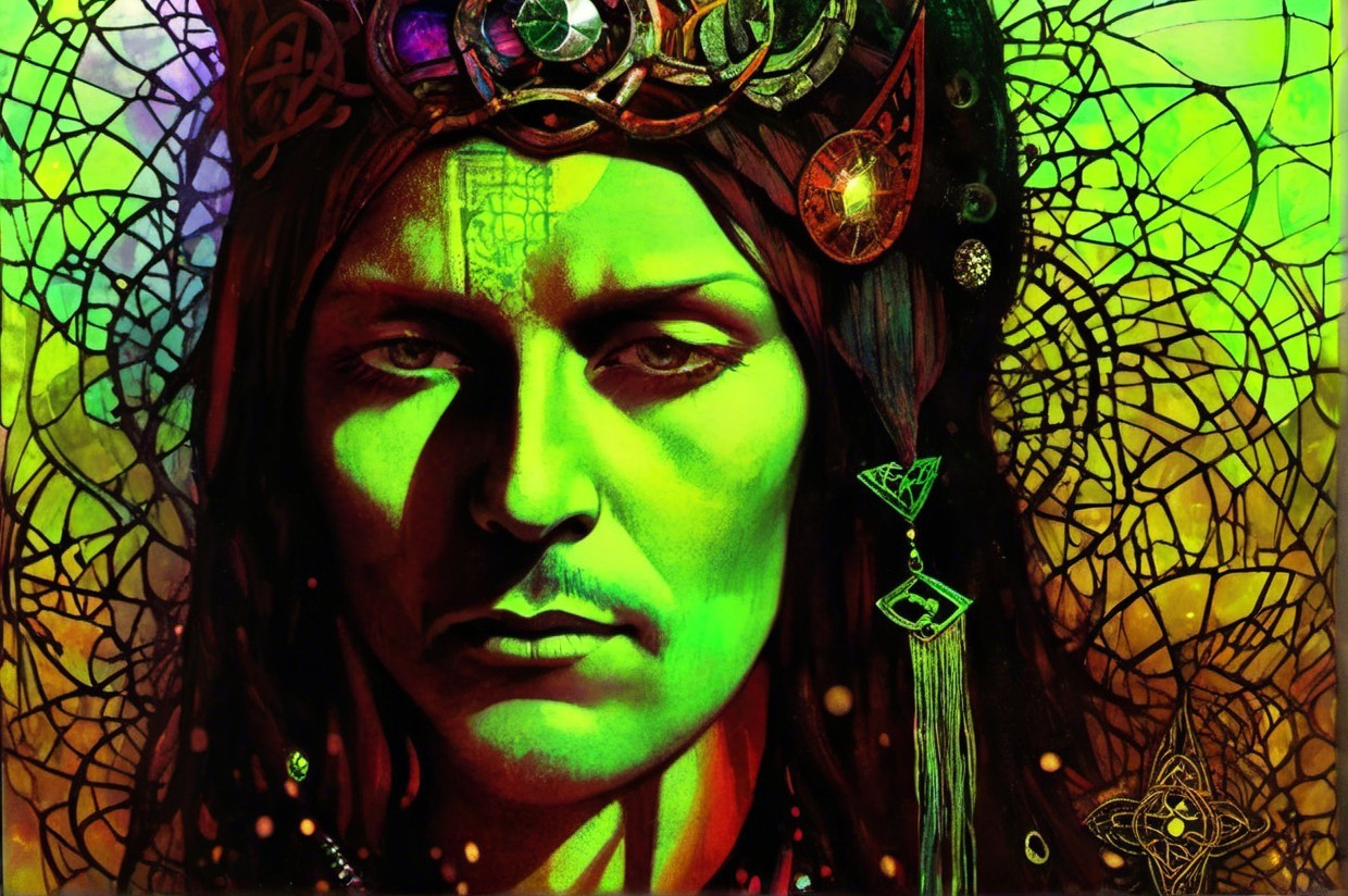 Mysterious Portrait with Headdress and Vibrant Colors