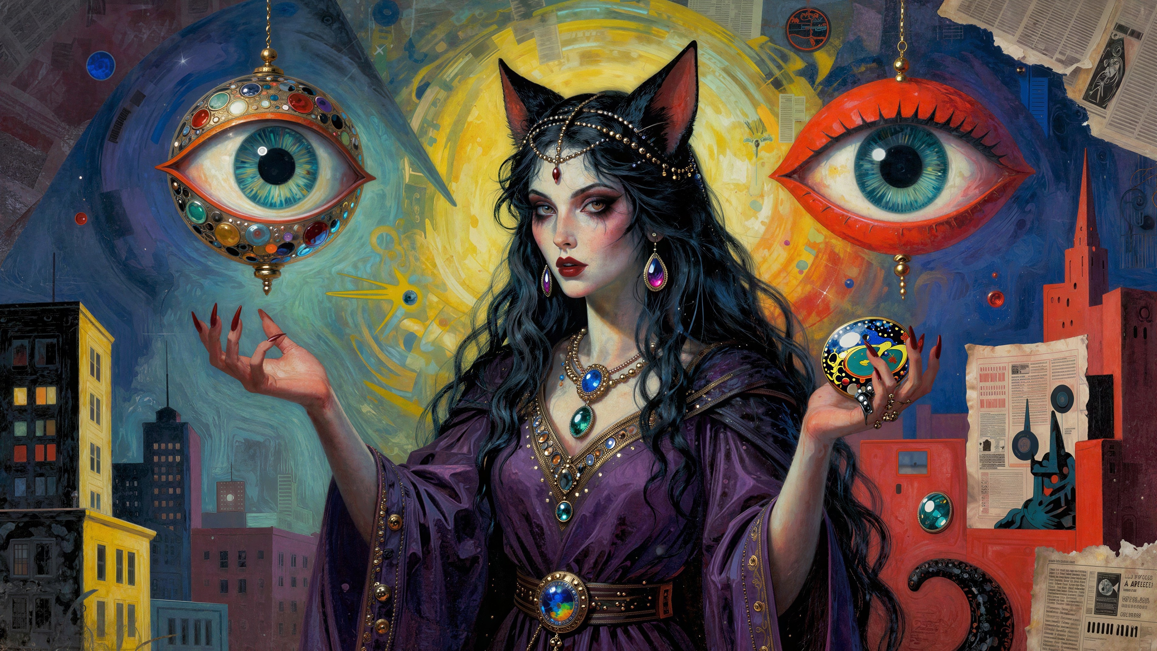 Psychedelic Painting of a Gothic Witch in Purple Gown