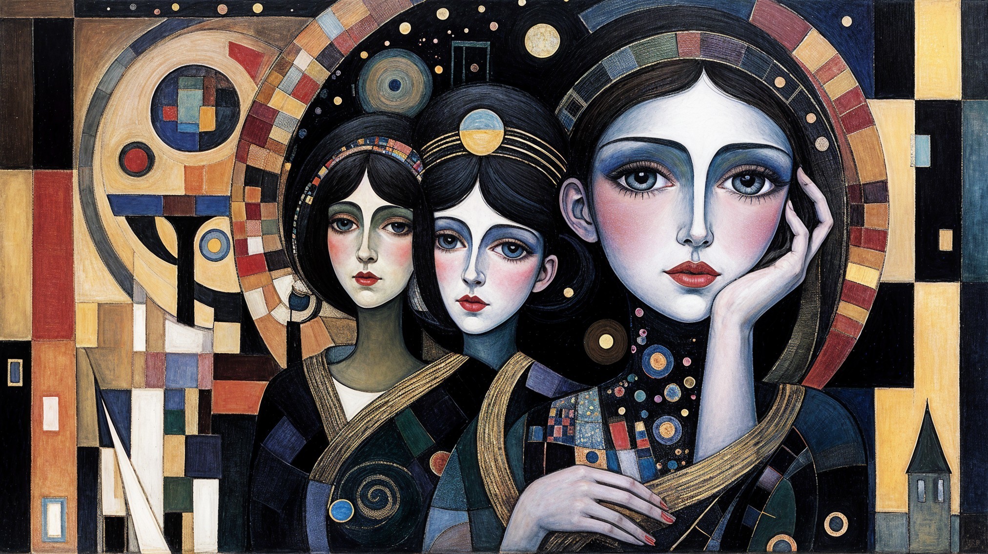 Three Stylized Female Figures with Vibrant Clothing