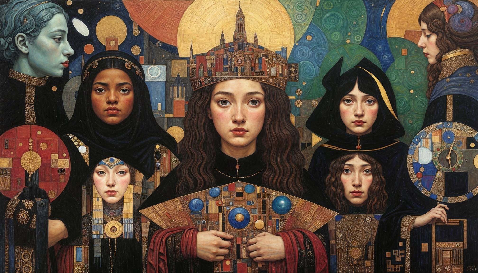 Group of Six Women in Intricate Clothing and Accessories