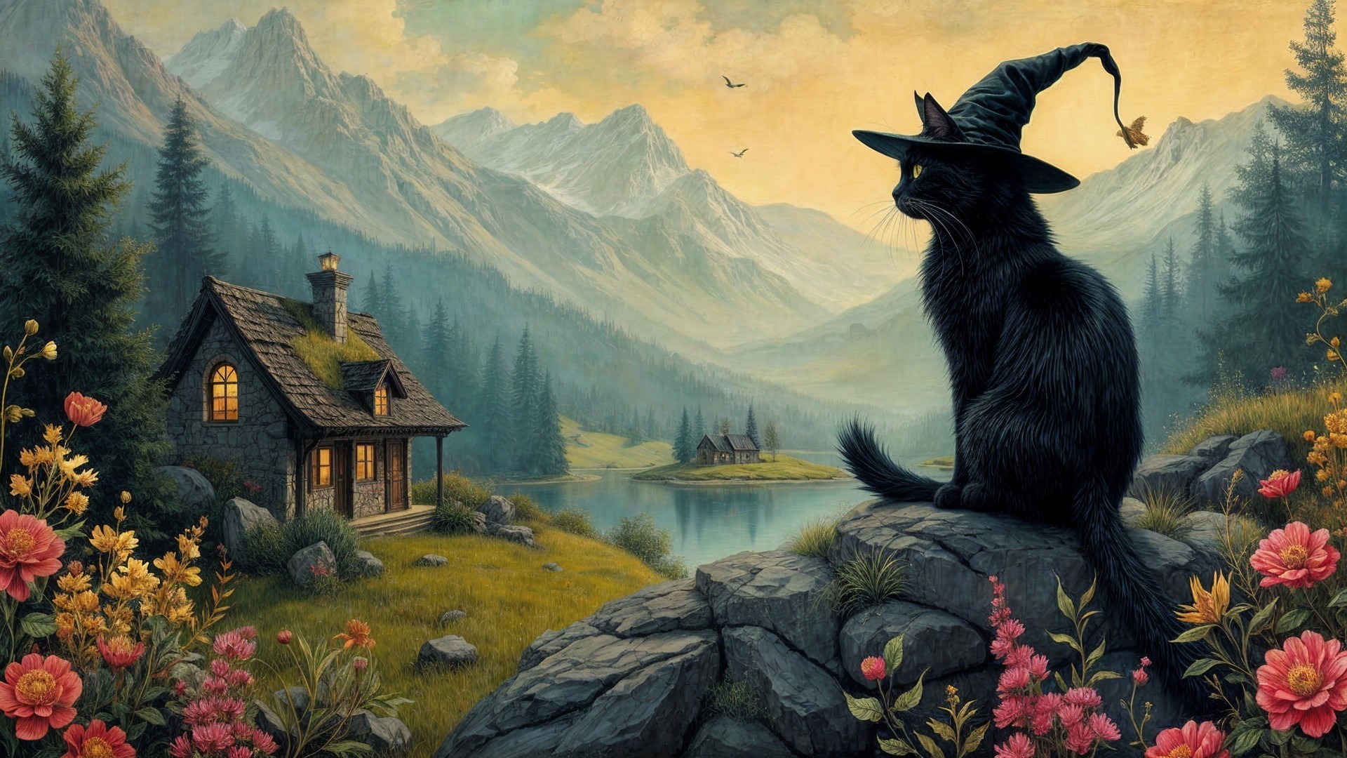 Mystical Black Cat on Rocky Outcrop by Serene Lake