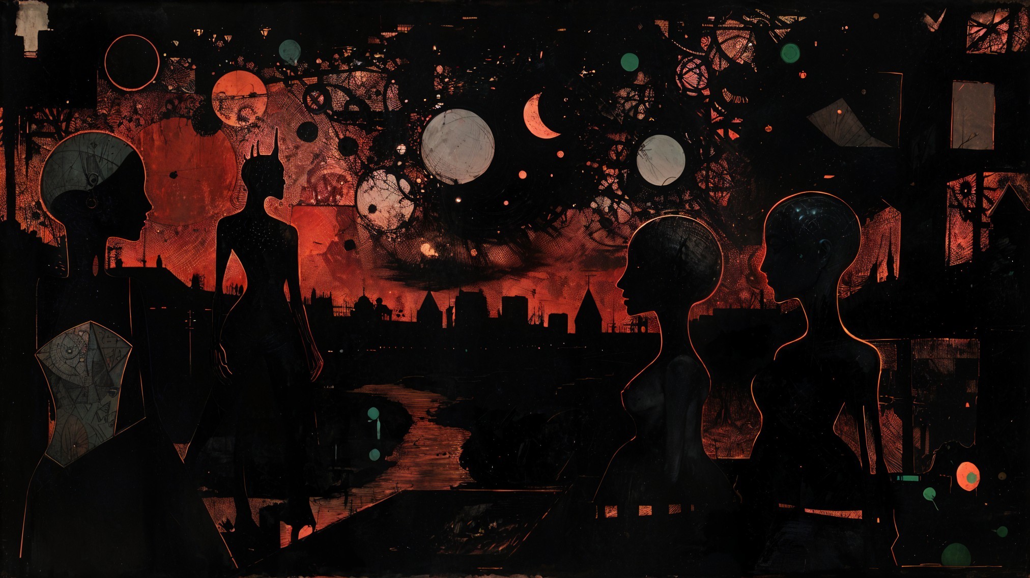 Silhouetted Figures Against Red and Black Backdrop