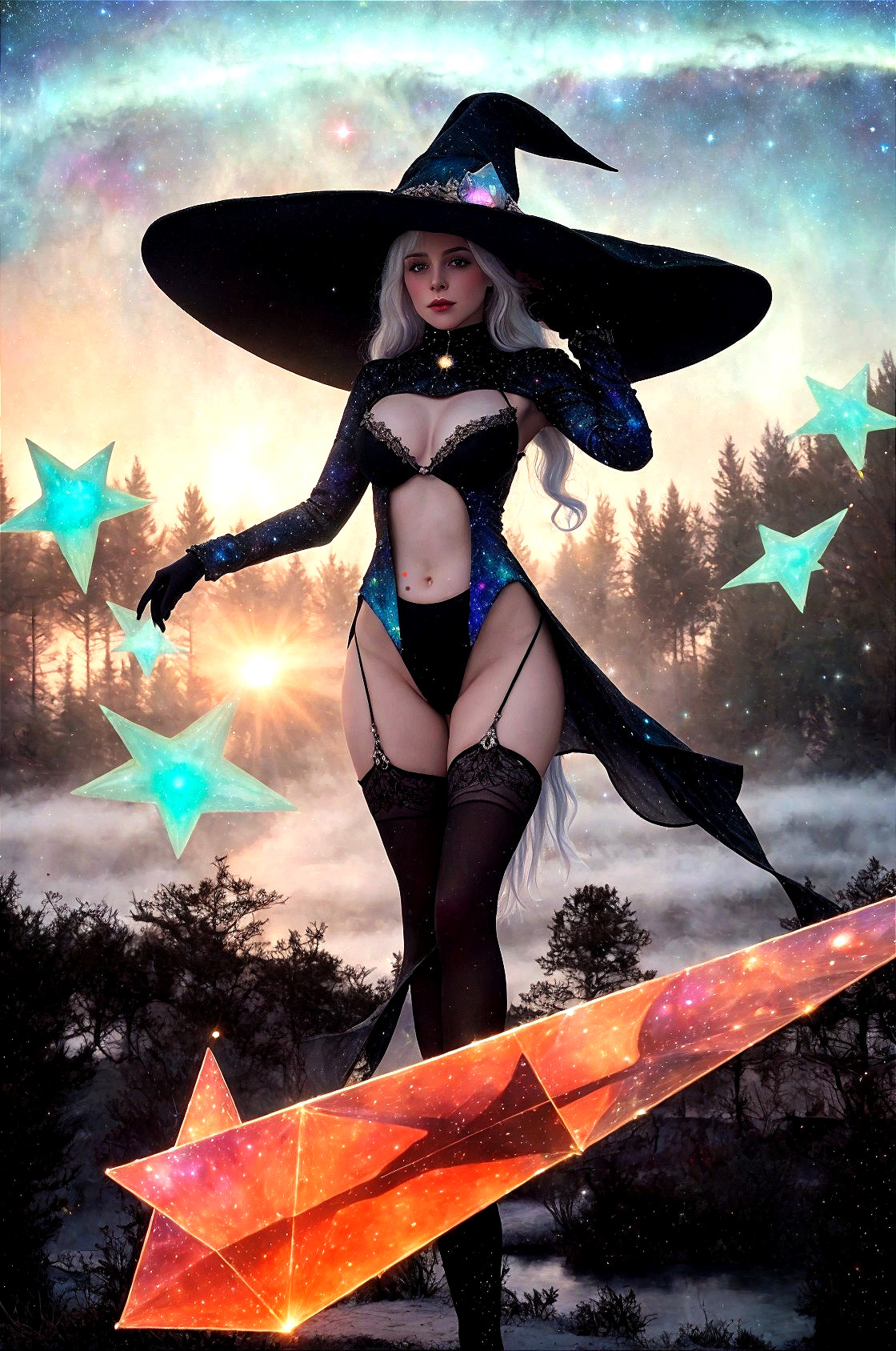 Mystical Figure in Starry Witch Outfit and Cosmic Landscape