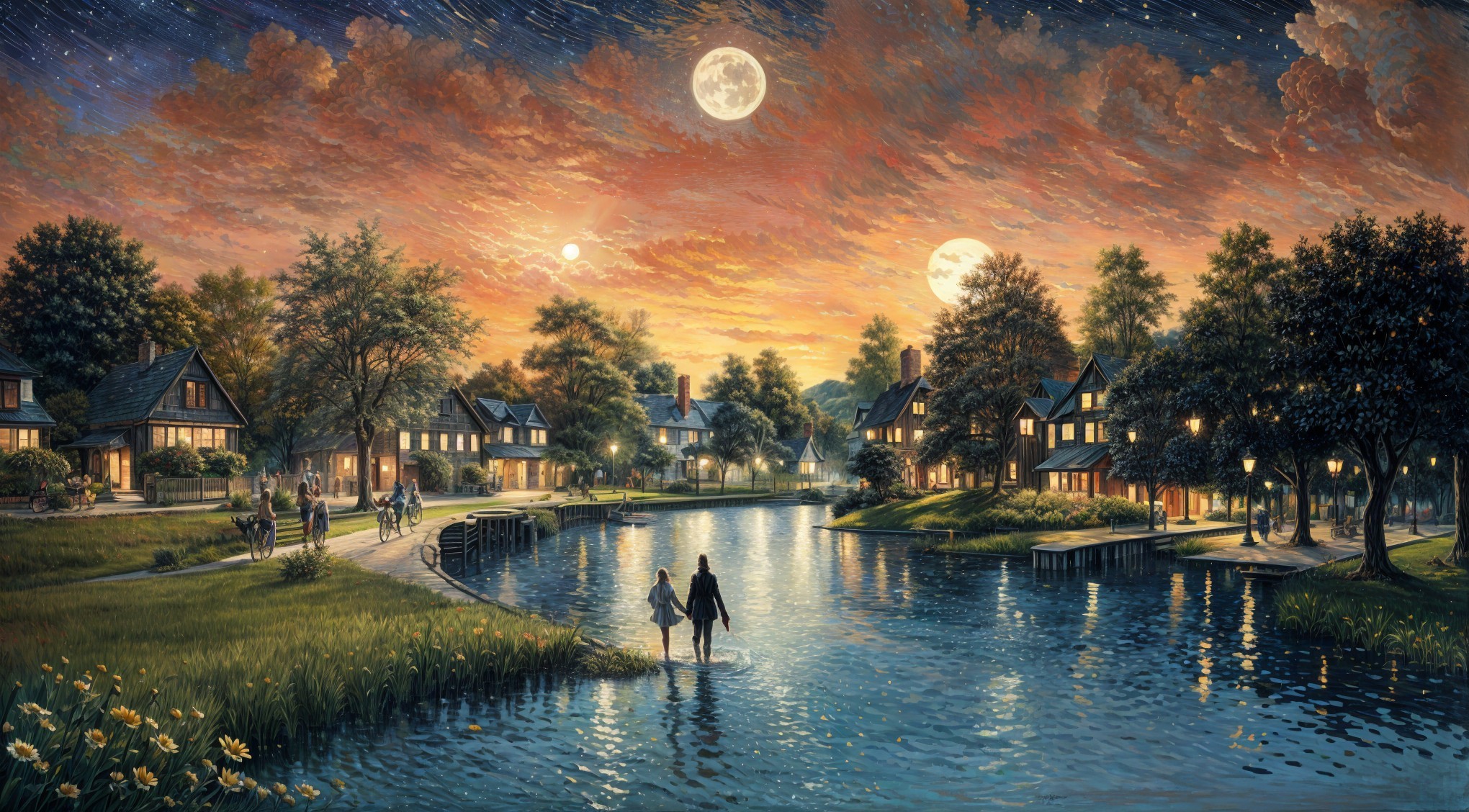 Twilight Village Scene with Charming Houses and River
