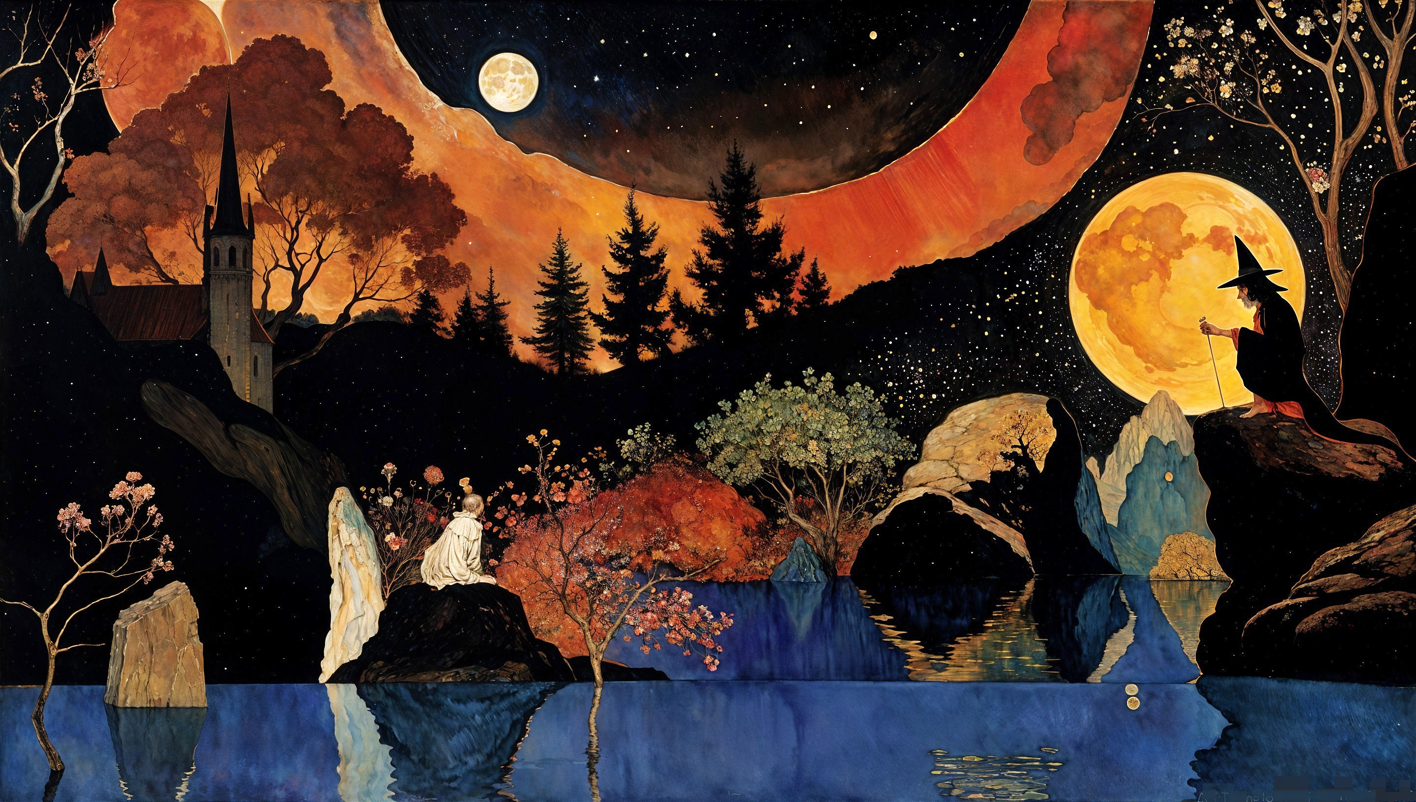 Mystical Landscape with Lake and Night Sky Elements