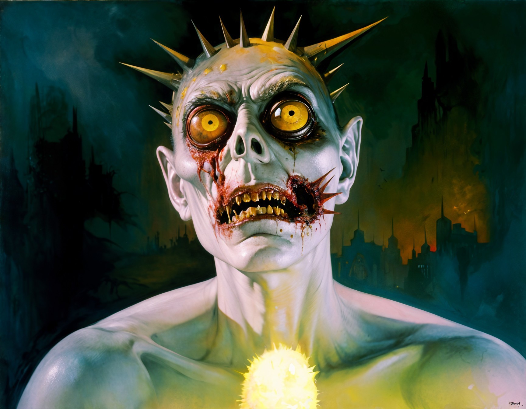 Terrifying figure with skeletal face and glowing orb