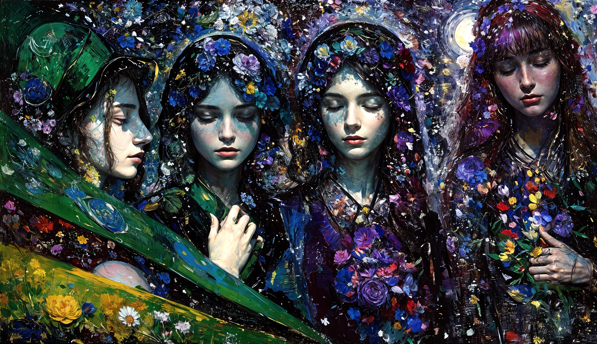 Ethereal Women in Floral Headdresses and Patterns