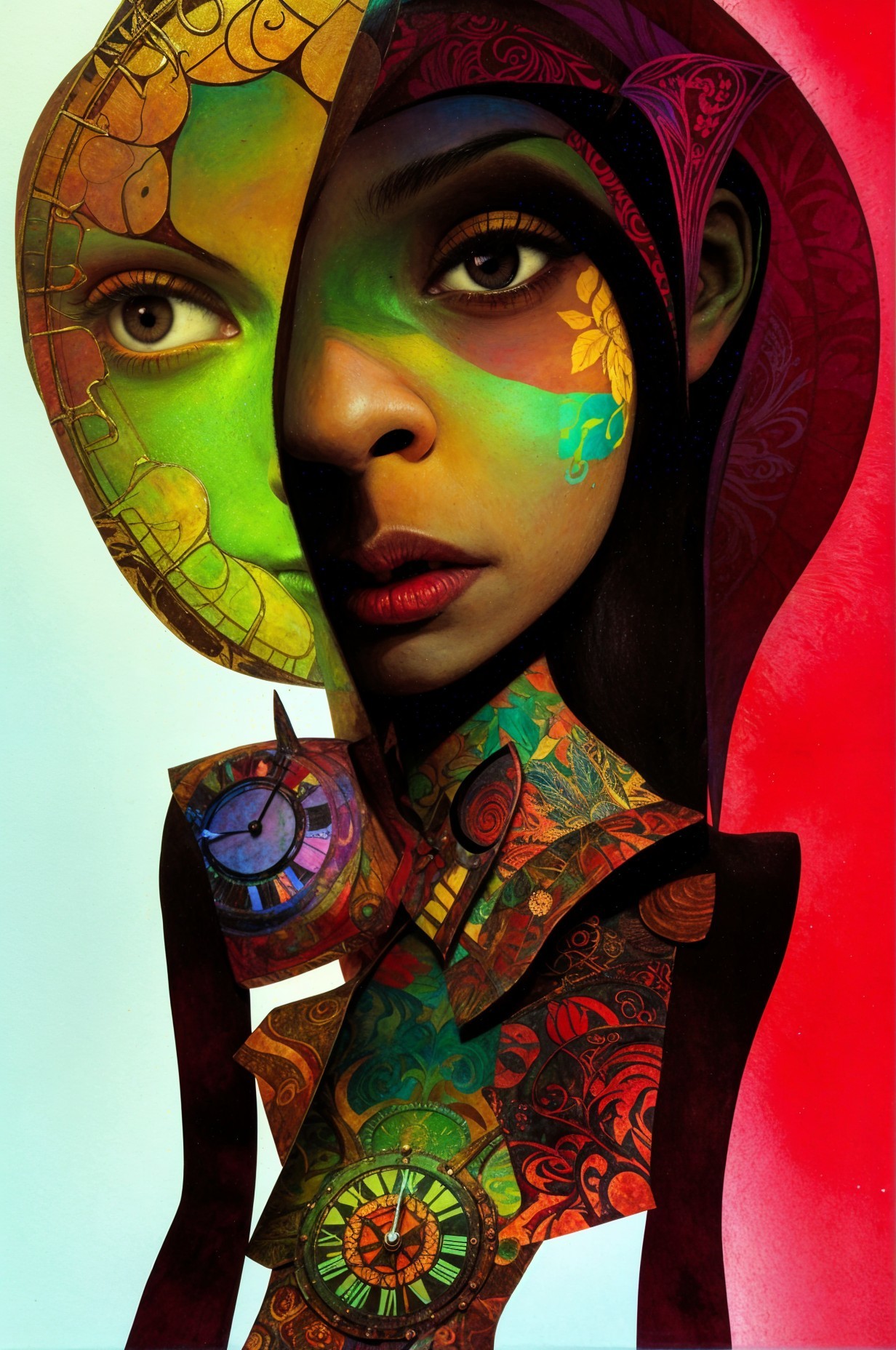 Vibrant Portrait Merging Two Faces with Symbolic Imagery