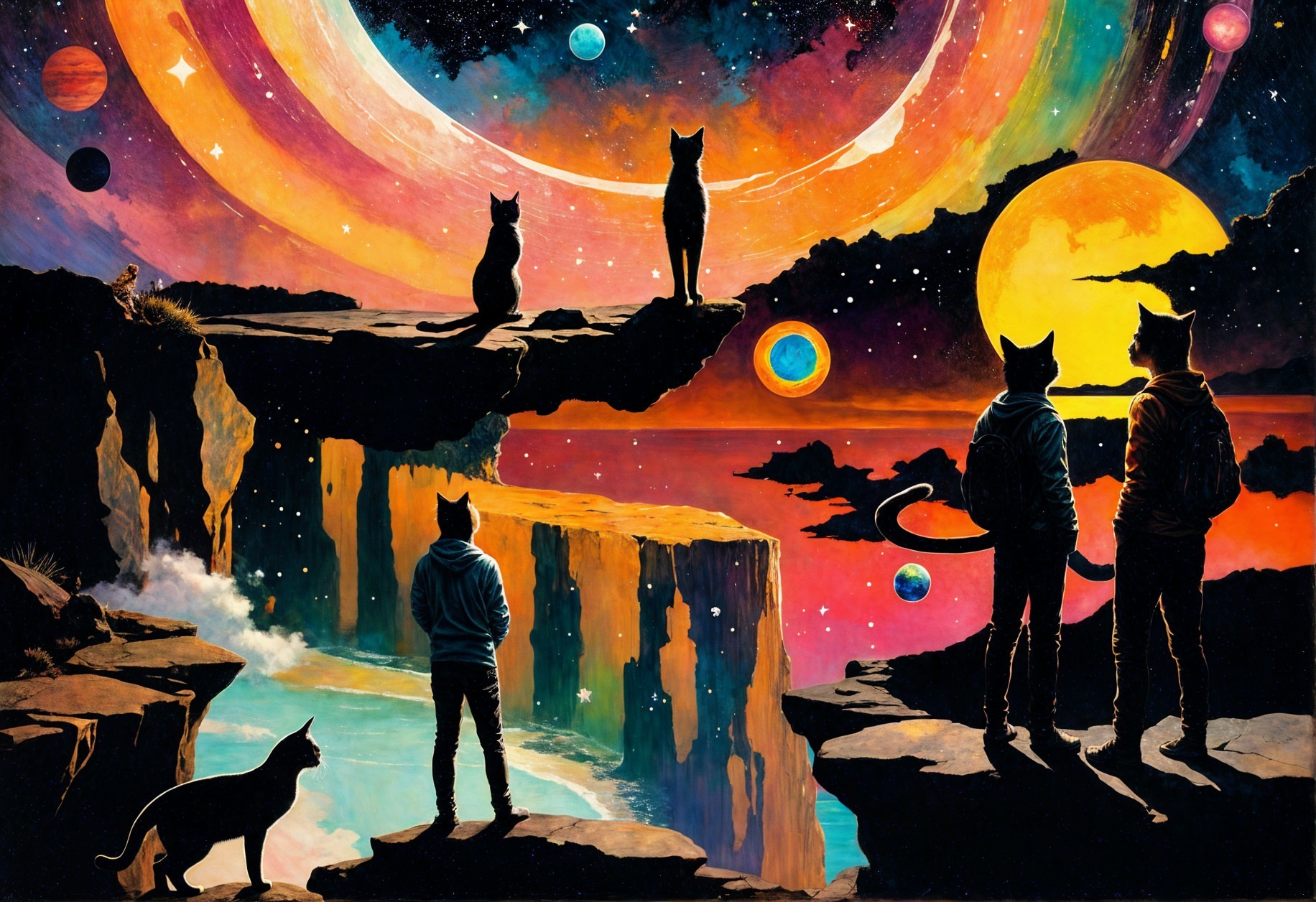 Cosmic Landscape with Silhouetted Figures and Cats