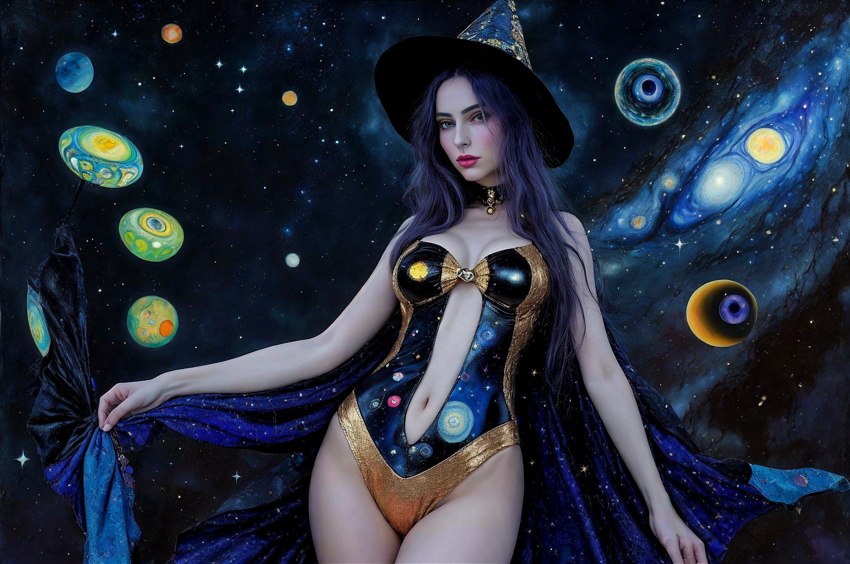 Celestial-Themed Witchcraft Outfit with Cosmic Elements