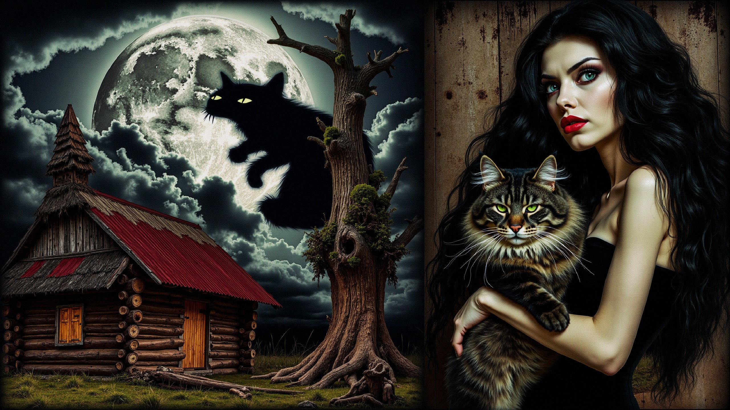 Mystical Full Moon Scene with Cabin and Cats