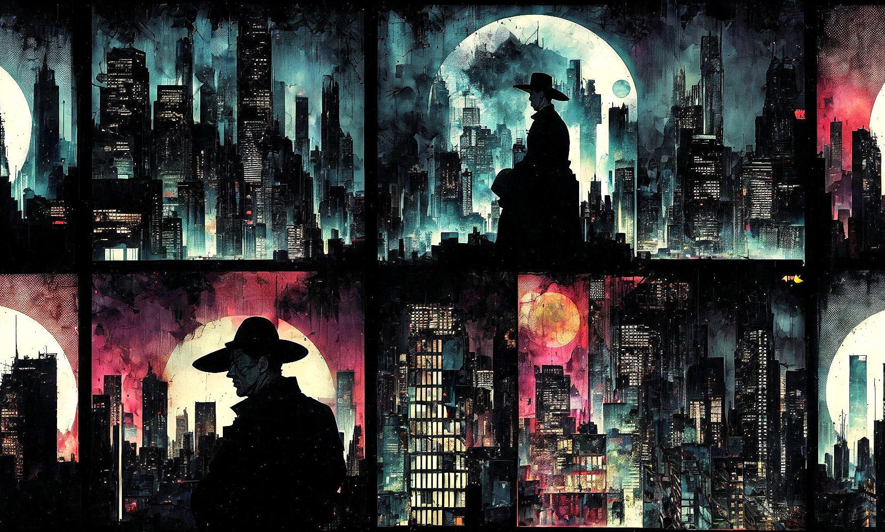 Stylized cityscape with vibrant colors and silhouettes