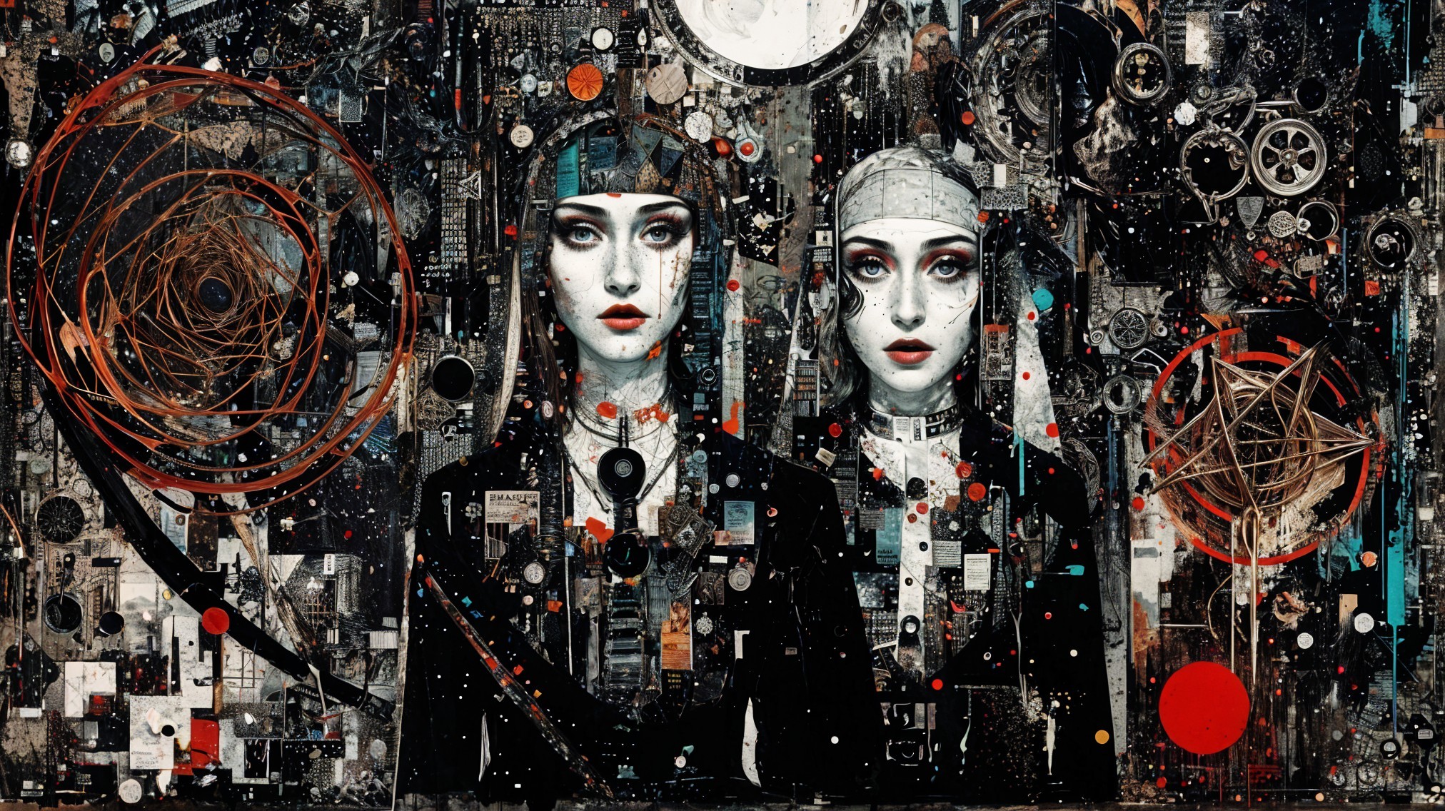 Surreal Artwork of Figures Amidst Mechanical Chaos