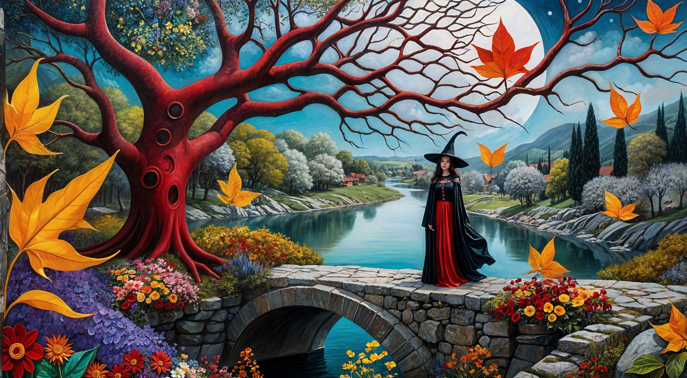 Witch on a Stone Bridge in a Magical Autumn Landscape