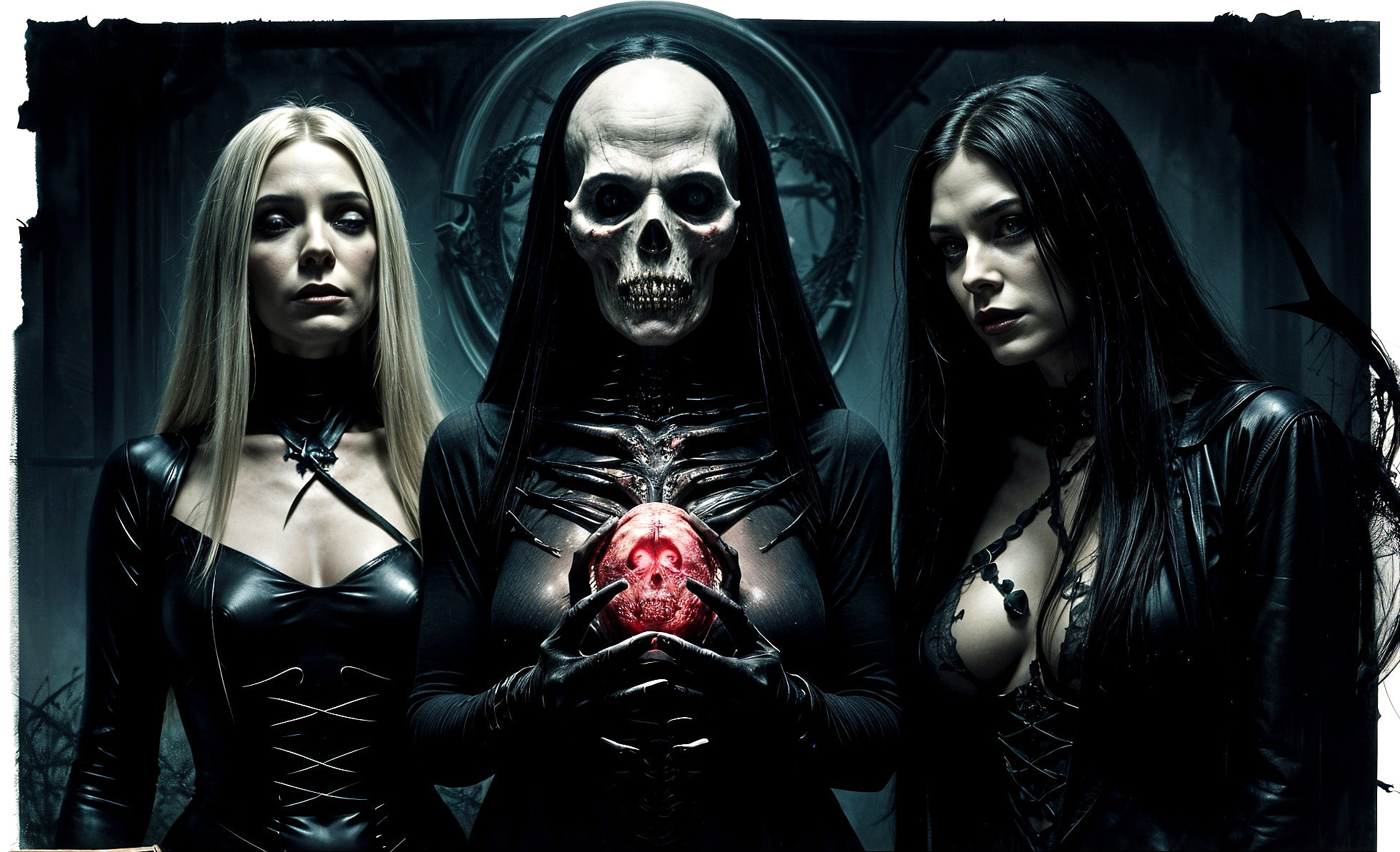 Three Figures in Dark Setting with Glowing Red Skull