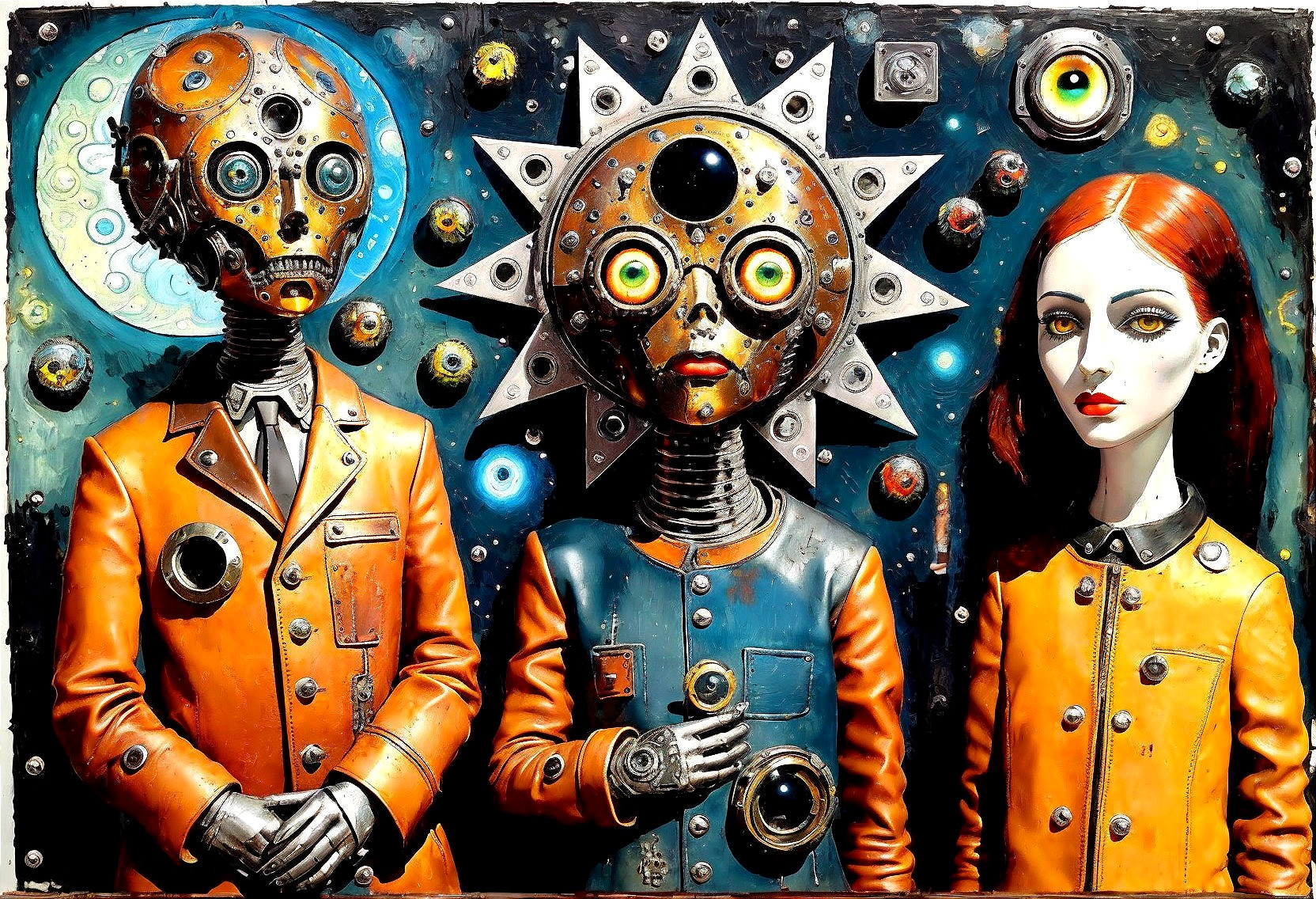 Stylized Robots and Woman in Cosmic Steampunk Scene