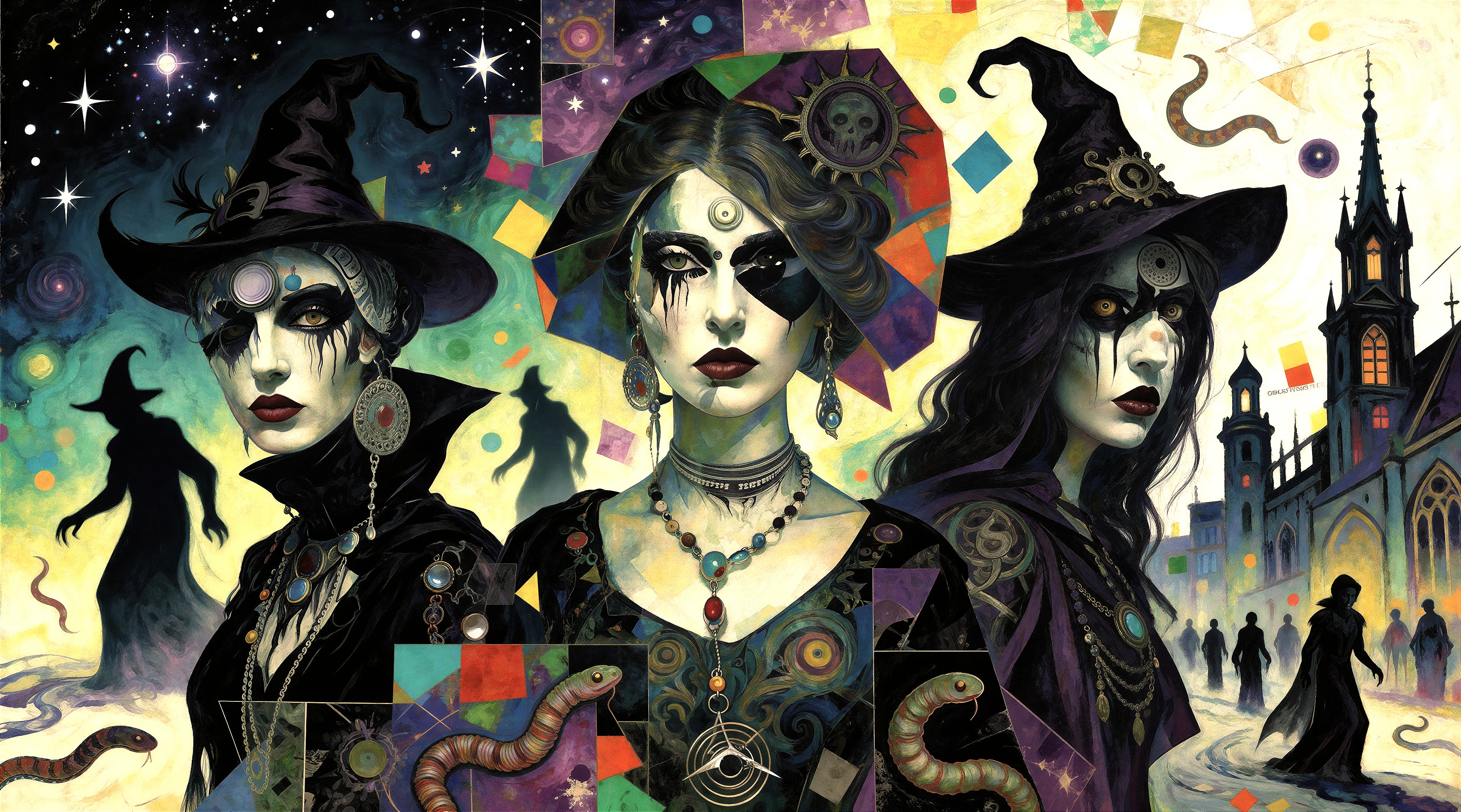 Psychedelic Art Nouveau Painting of Three Witches