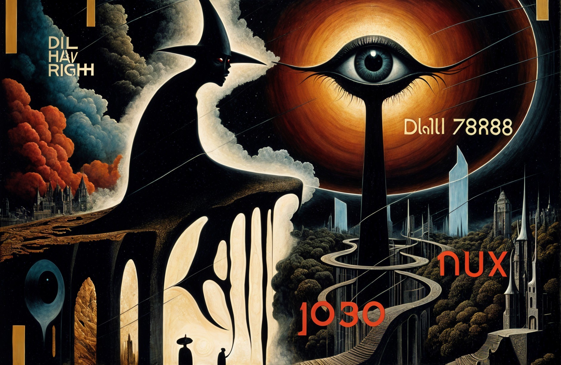 Surreal Landscape with Cloaked Figure and Eye Sun