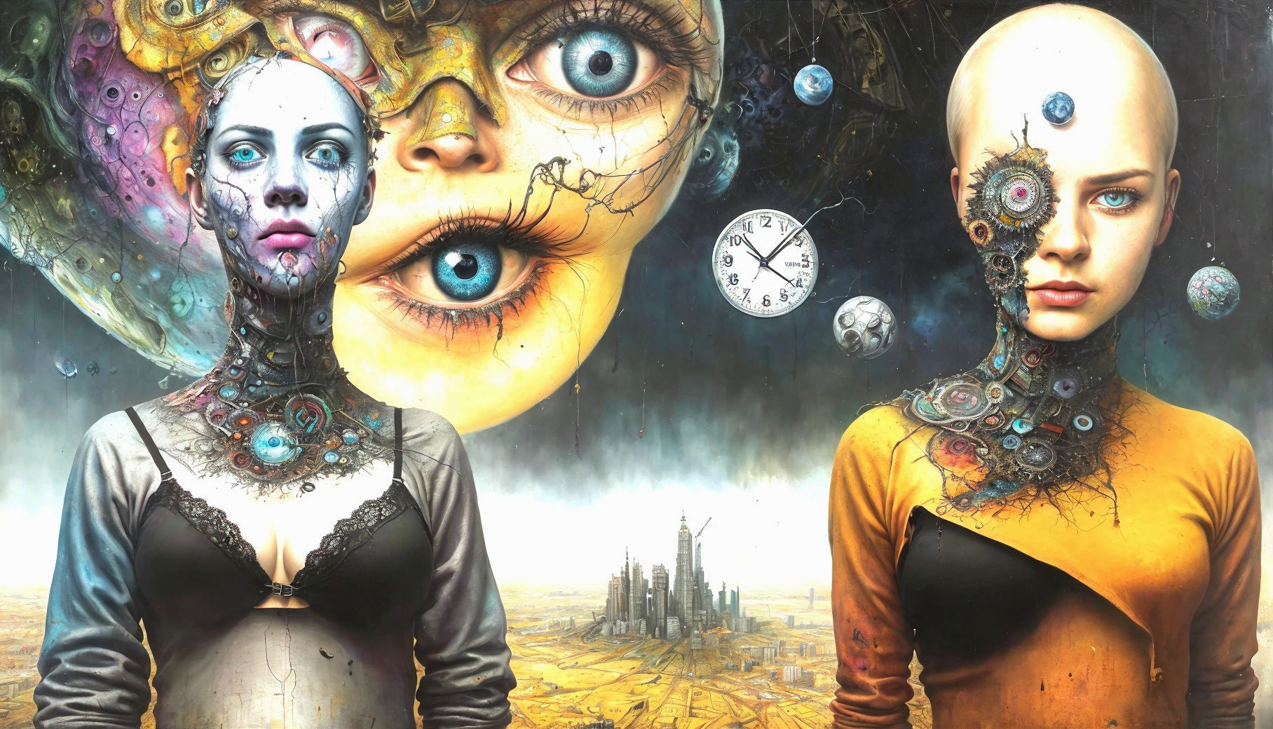 Surreal Artwork of Women with Cosmic and Mechanical Elements