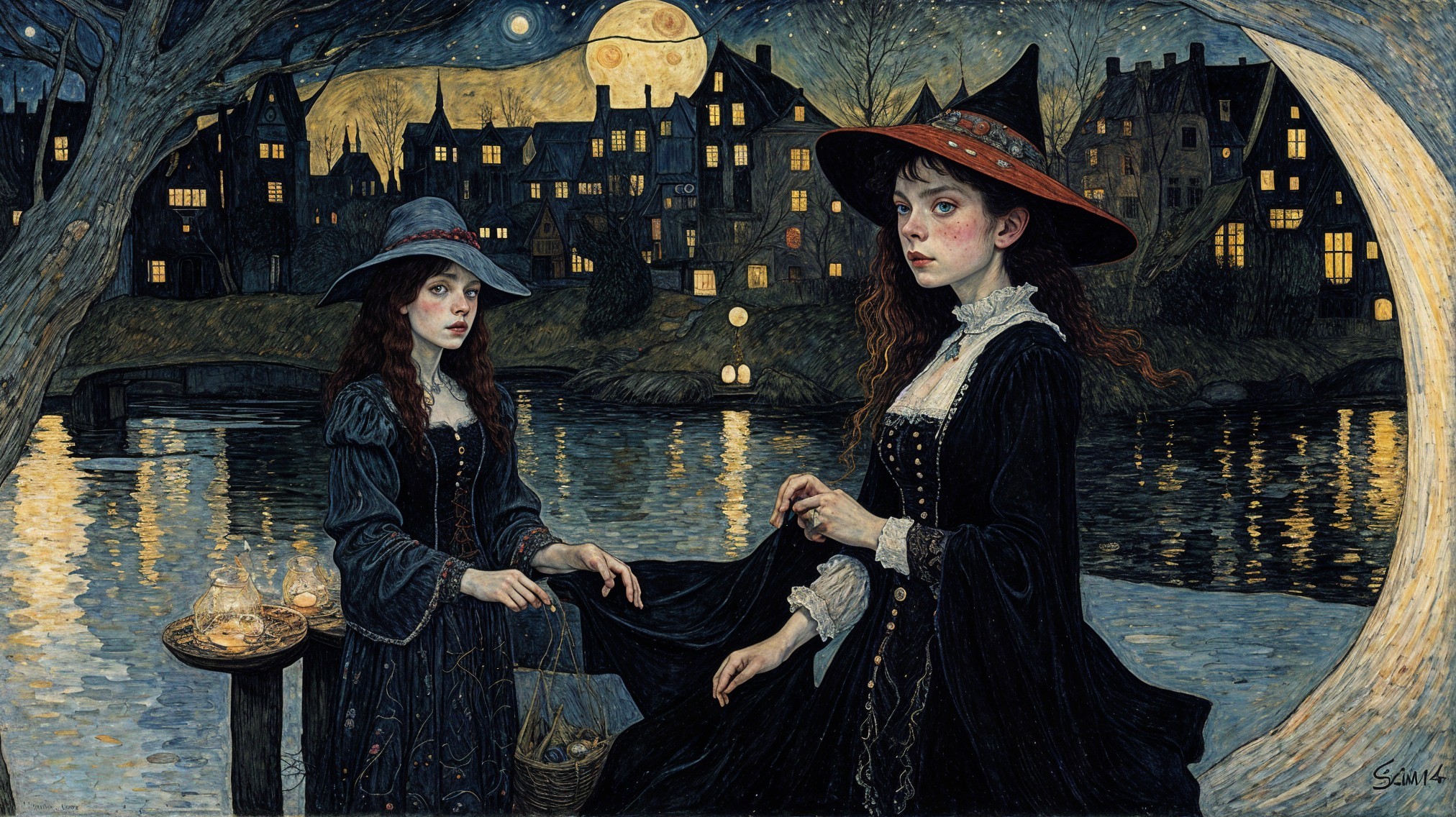 Young Women in Elegant Dark Attire by Moonlit Water